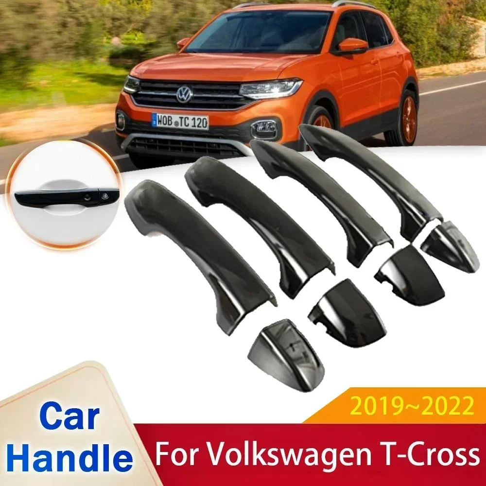 Crossfit Accessories - フォルクスワーゲンvwクロス,tクロス,C11, 2019, 2020, 2021,耐久性,黒用の光沢のある黒いドアハンドルカバー,接着剤,アクセサリー