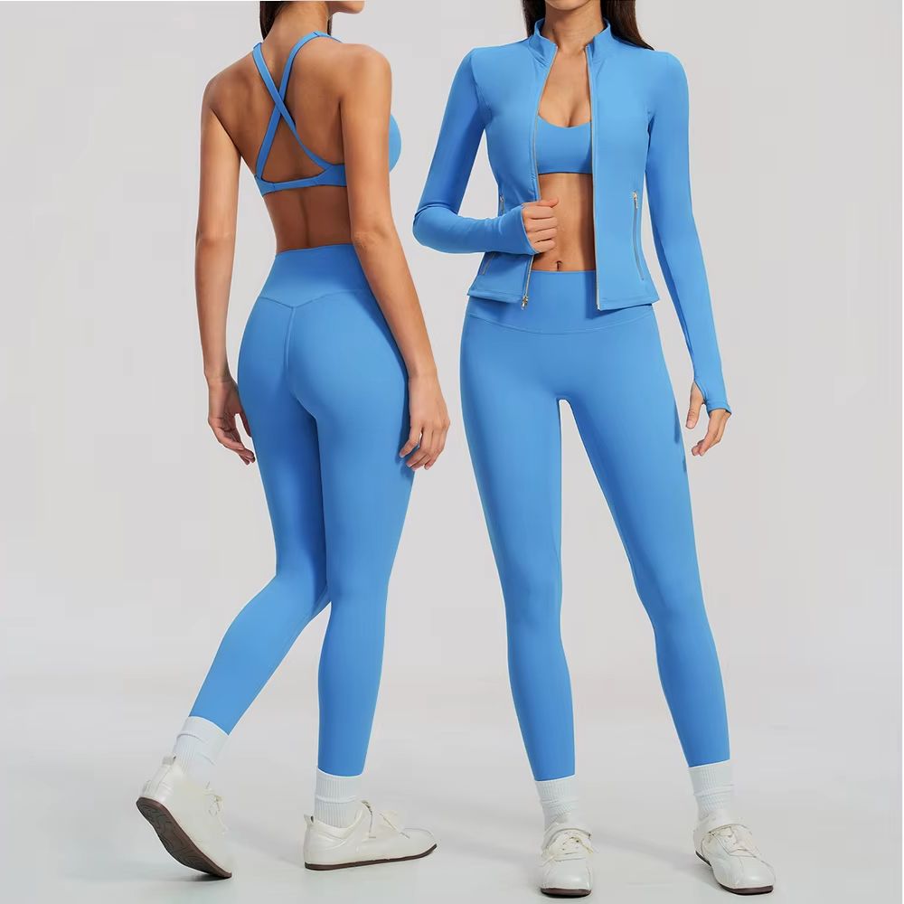 Crossfit Equipment - 女性用ヨガセット 2/3点セット ジップアップ サムホールジャケット クロスバック スポーツブラ