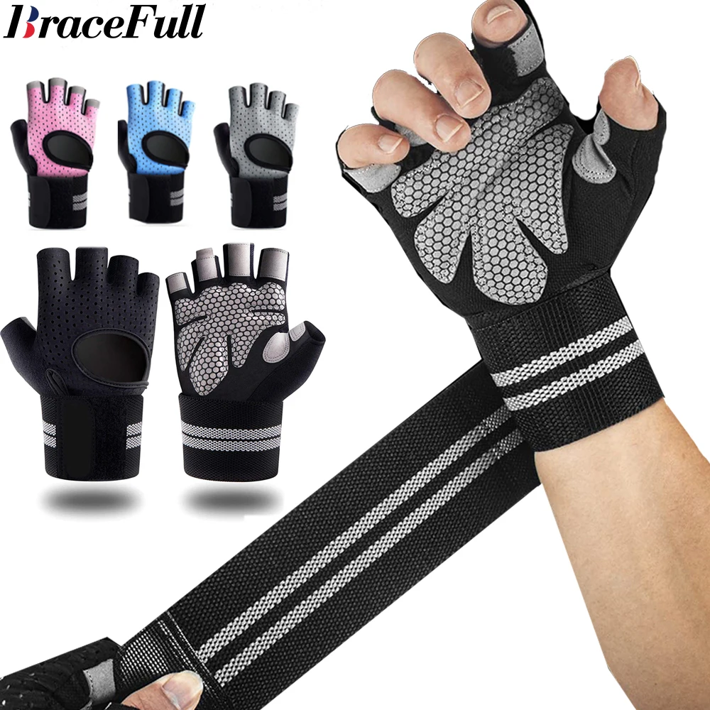 Crossfit Equipment - 1 ペアハーフフィンガージムフィットネスグローブリストラップサポート付き男性女性クロスフィットワークアウトパワーウェイトリフティング機器